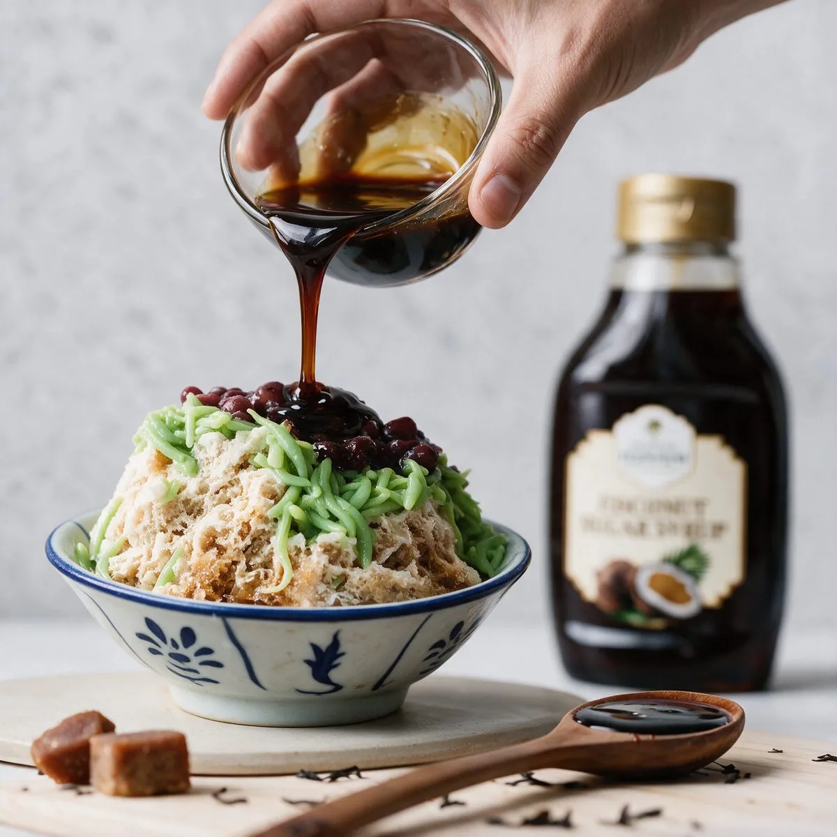 Syrup poured from a small glass bowl over a bowl of cendol topped with green jelly noodles and red beans, a bottle of coconut sugar syrup and two cubes of coconut sugar beside it.