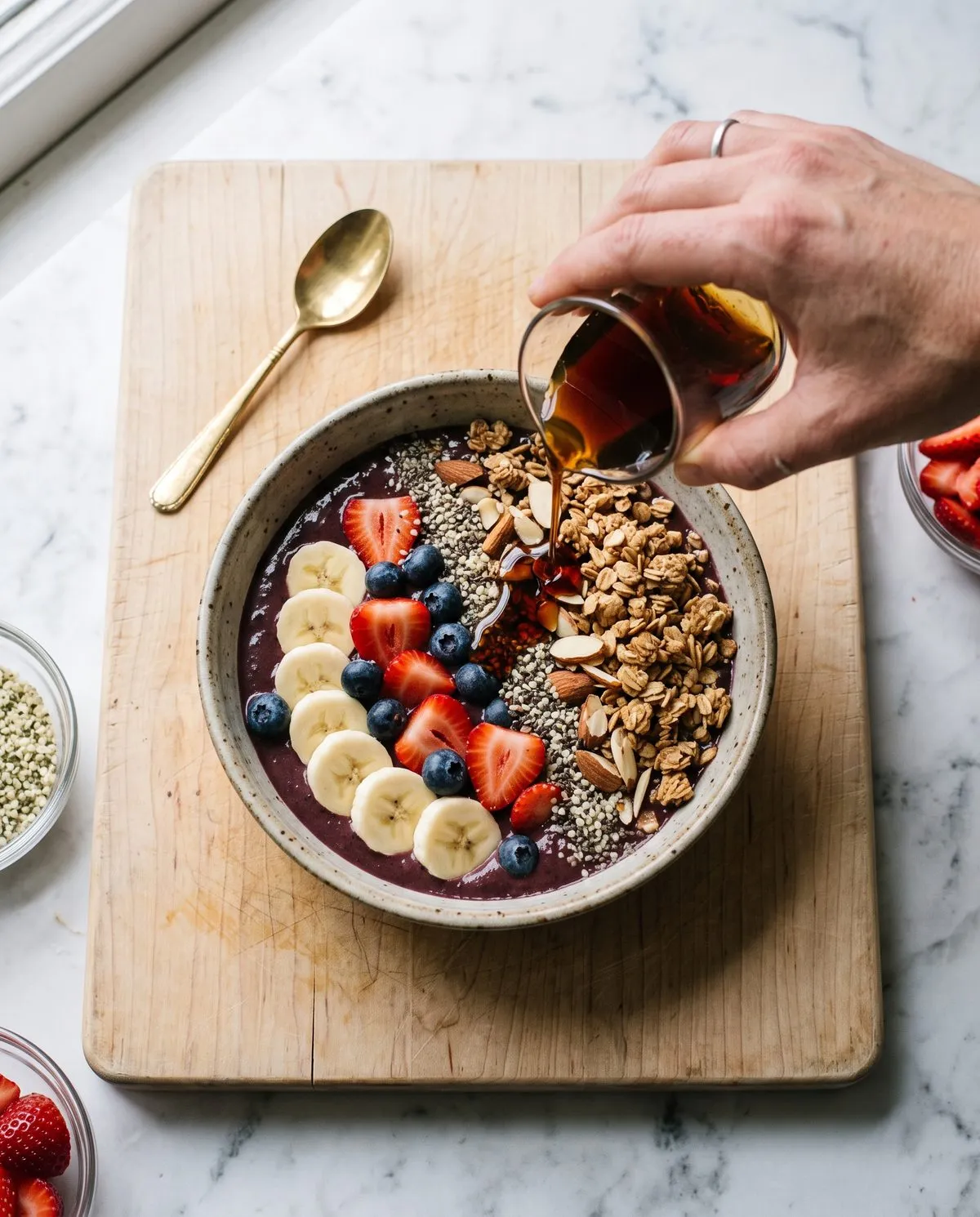 Seen from above, a hand pours coconut sugar syrup from a small glass pitcher over an açaí bowl topped with banana, strawberries, blueberries, granola and seeds.