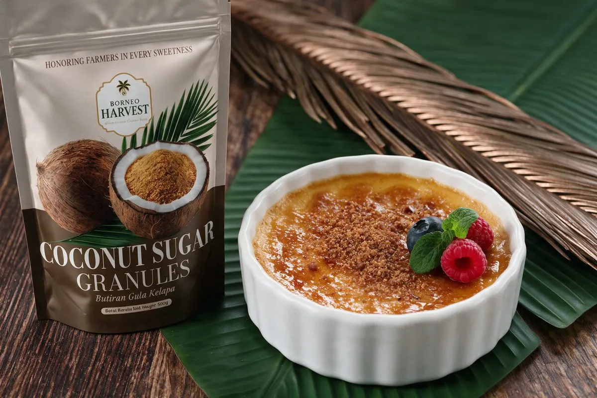 A crème brûlée in a white ramekin, its caramelised coconut sugar crust topped with raspberries, a blueberry and mint, the Borneo Harvest granules pouch beside it on a banana leaf.