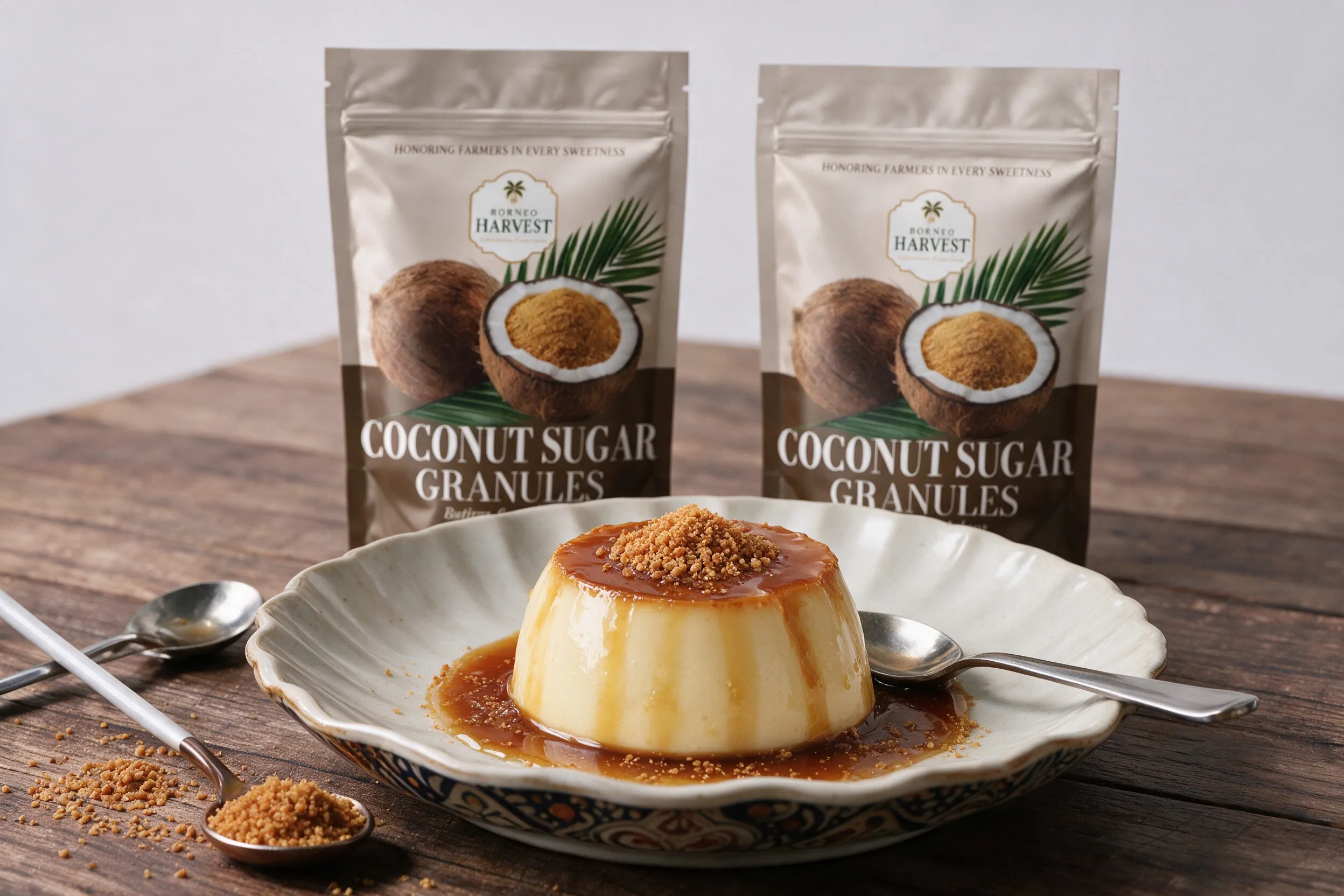 A crème caramel on a scalloped plate, its sauce topped with a spoonful of coconut sugar granules, two Borneo Harvest granules pouches standing behind.