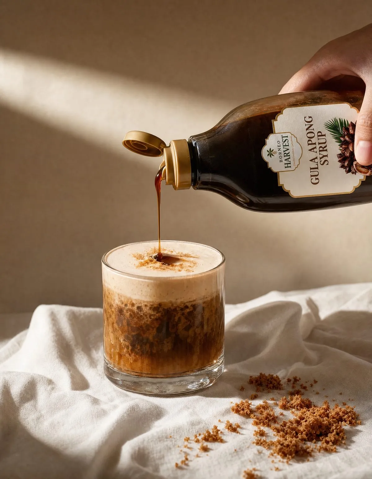 Gula Apong syrup poured from its bottle into a glass of dark iced drink under a thick cream foam, coconut sugar crumb scattered across the foam and the linen beside it.