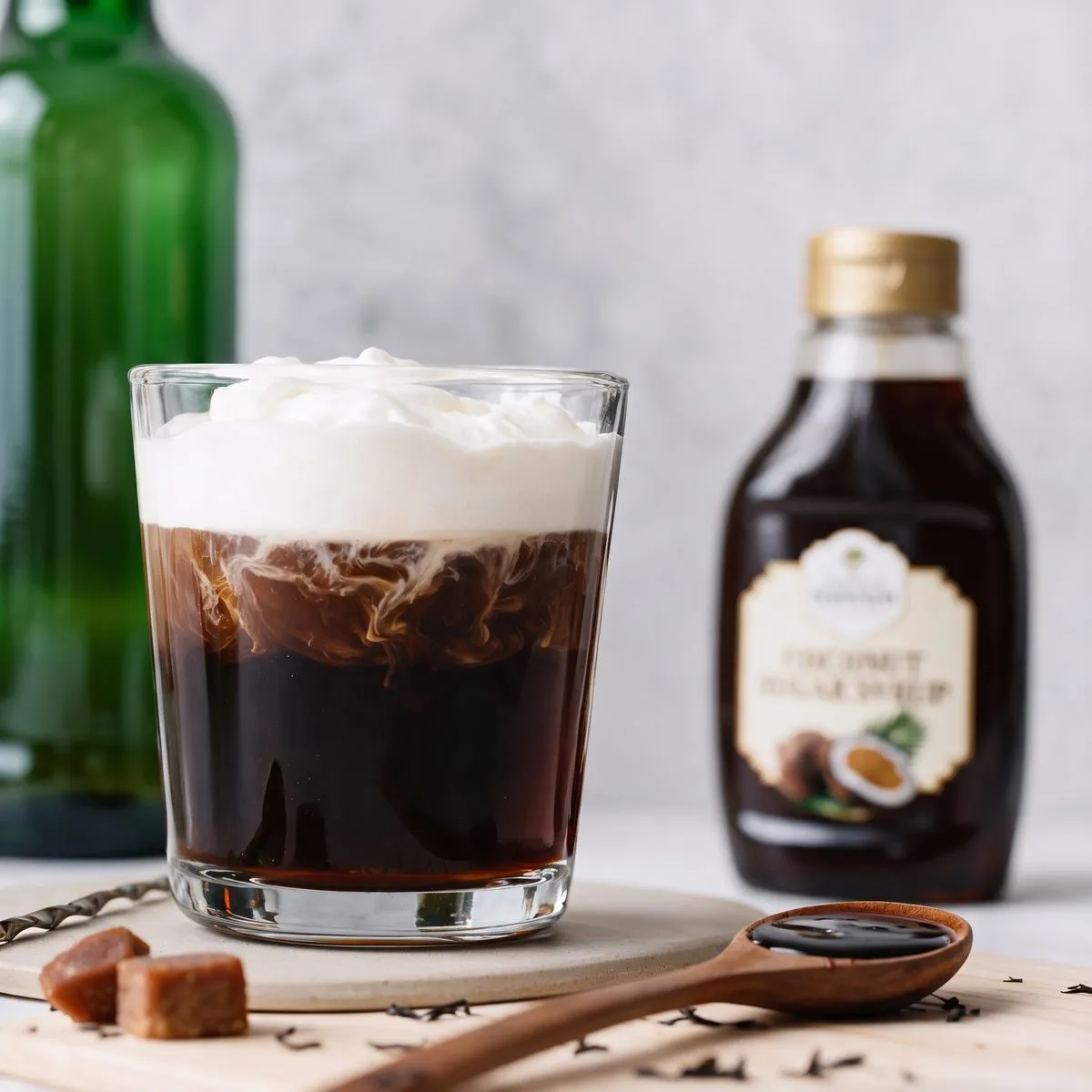 A glass of Irish coffee with cream swirling through it, a bottle of coconut sugar syrup and a plain green glass bottle softly blurred behind.