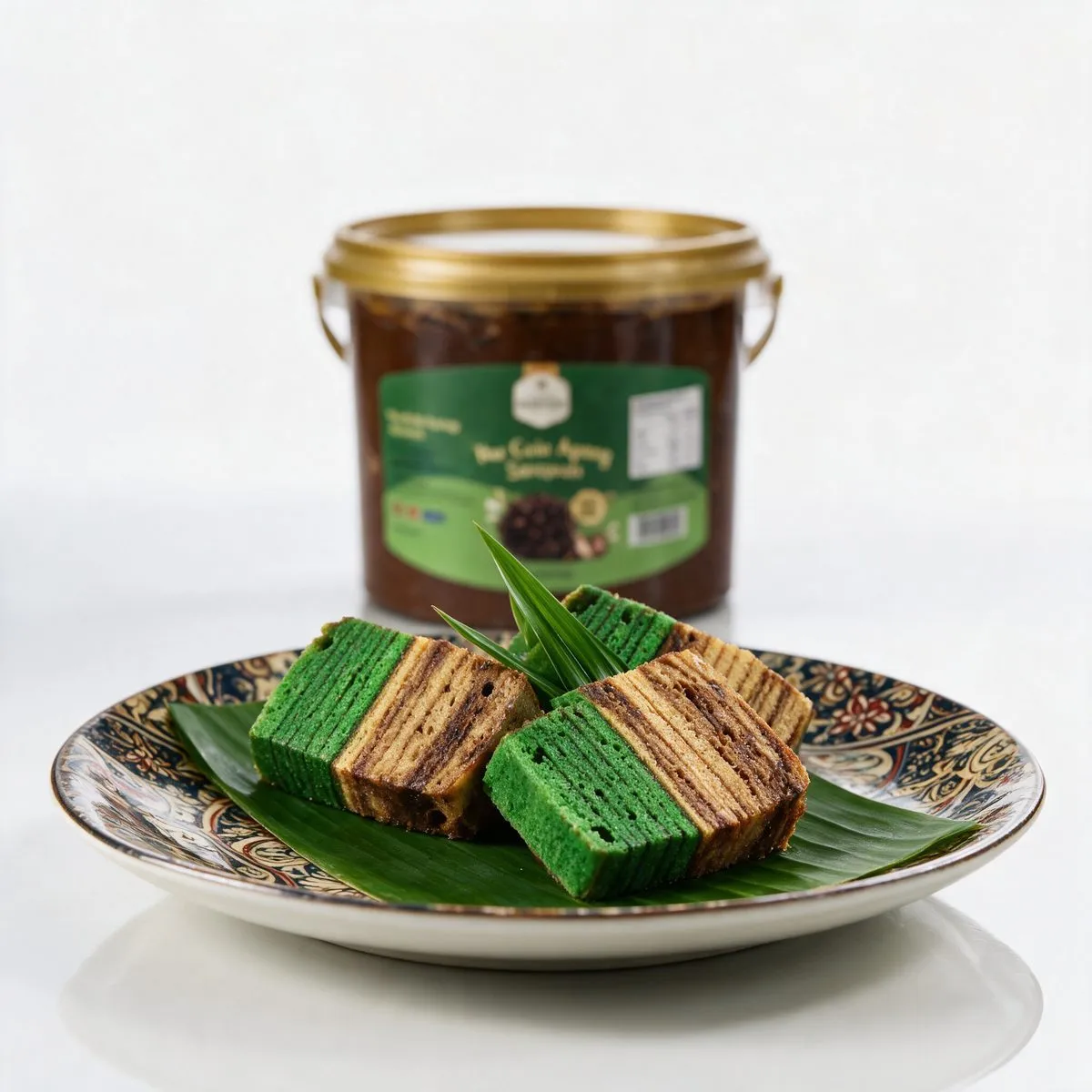 Two slices of layered kek lapis, green and brown, on a banana leaf and a patterned plate, a tub of Gula Apong paste standing behind.