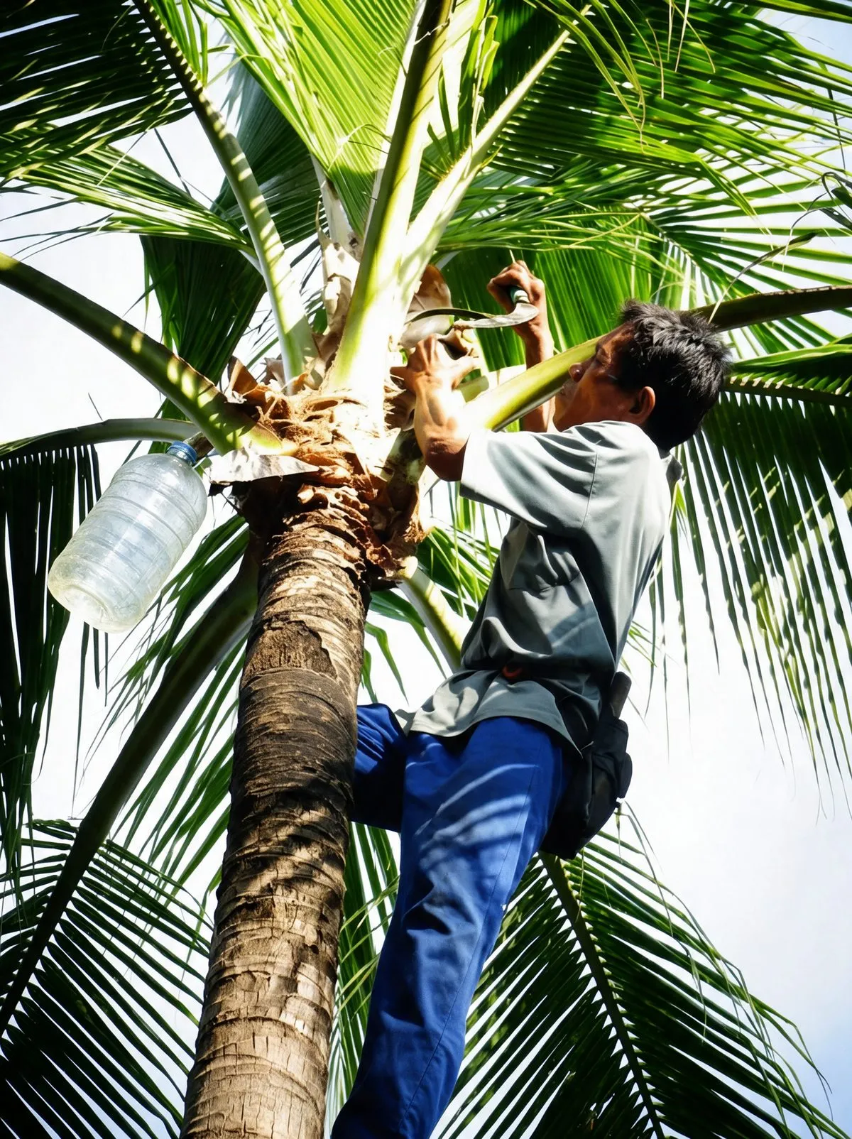 A tapper at the crown of a palm, cutting the flower stalk with a collecting container hung beside him